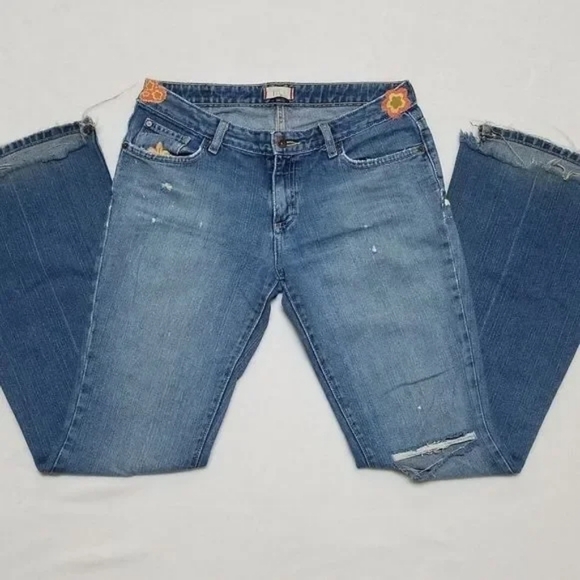 Vintage 90s Tilt Boho Handmade Floral Embroidered Low Rise Bell Bottom Jeans 6 - Picture 5 of 16